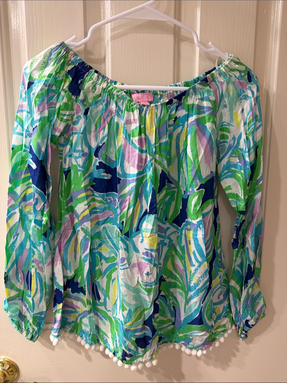 NWOT Lilly Pulitzer Off-Shoulder Top in Green, Blue & Purple Print